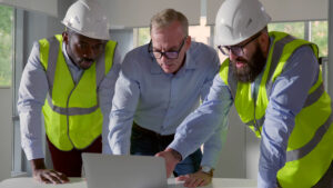 Three construction managers looking at a computer and discussing a project in Meridian.